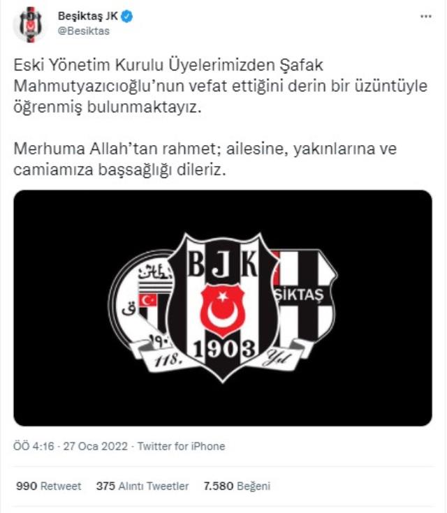 Beşiktaş'tan silahlı saldırıda hayatını kaybeden Şafak Mahmutyazıcıoğlu için başsağlığı mesajı