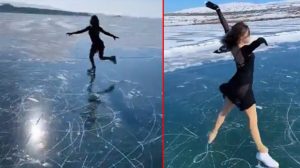 Milli sporcu İklim Şentunalı'dan Çıldır Gölü üzerinde buz pateni gösterisi