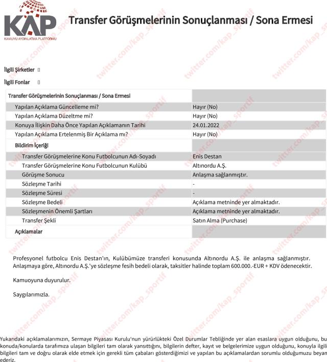 Son Dakika: Trabzonspor, Enis Destan transferi için görüşmelere başladığını KAP'a bildirdi