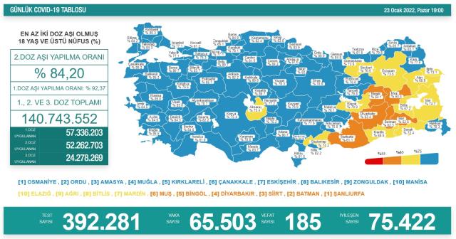 Son Dakika: Türkiye'de 23 Ocak günü koronavirüs nedeniyle 185 kişi vefat etti, 65 bin 503 yeni vaka tespit edildi